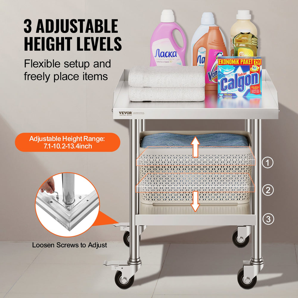 VEVOR Stainless Steel Work Table, 24 x 24 x 30 Inch Commercial Food Prep Worktable with 4 Wheels, Casters, 3-Sided Backsplash Heavy Duty Prep Worktable, Metal Work Table for Restaurant Home Hotel