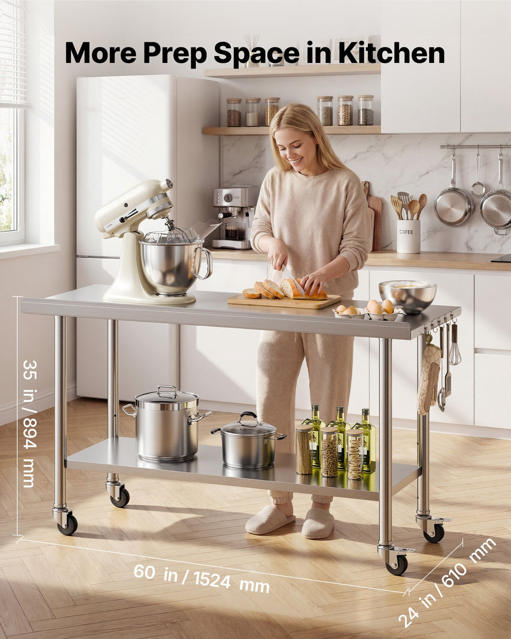 VEVOR Stainless Steel Work Table, 24x60 inch Food Prep Table with Wheels and Backsplash, Commercial Kitchen Workstation with Adjustable Undershelf, Metal Utility Worktable, for Restaurant Home Outdoor