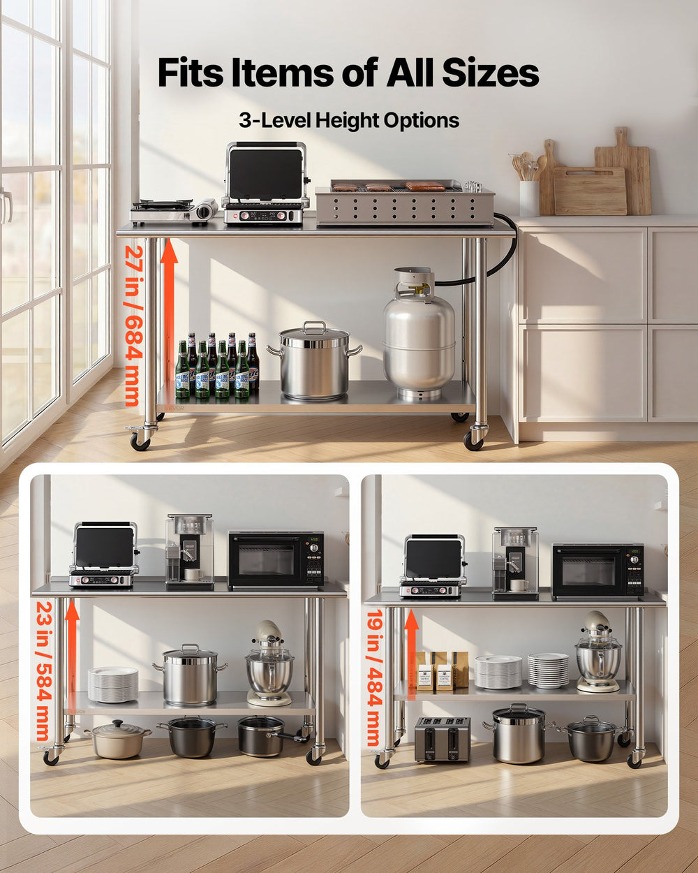 VEVOR Stainless Steel Work Table, 24x60 inch Food Prep Table with Wheels and Backsplash, Commercial Kitchen Workstation with Adjustable Undershelf, Metal Utility Worktable, for Restaurant Home Outdoor