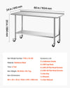 VEVOR Stainless Steel Work Table, 24x60 inch Food Prep Table with Wheels and Backsplash, Commercial Kitchen Workstation with Adjustable Undershelf, Metal Utility Worktable, for Restaurant Home Outdoor