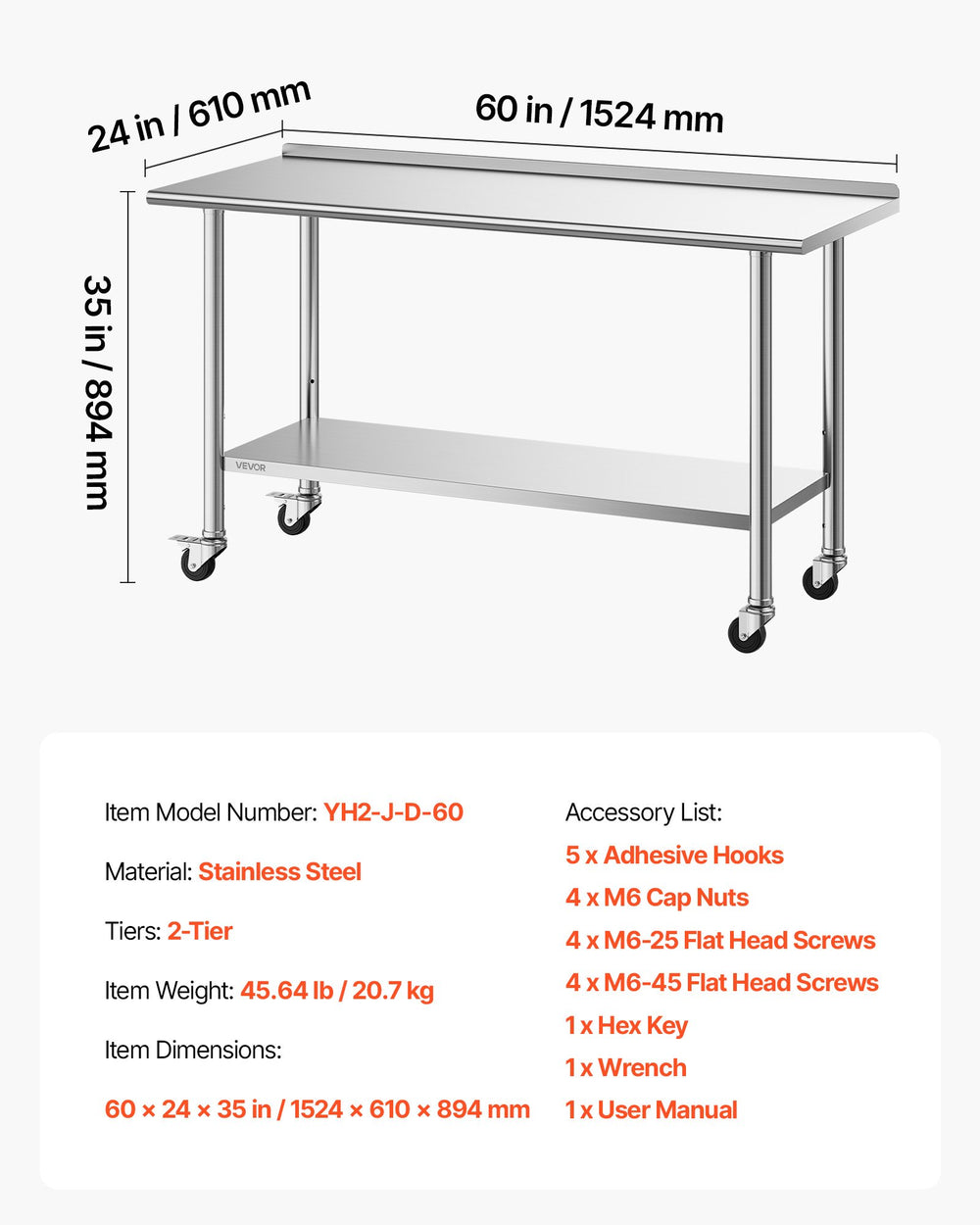 VEVOR Stainless Steel Work Table, 24x60 inch Food Prep Table with Wheels and Backsplash, Commercial Kitchen Workstation with Adjustable Undershelf, Metal Utility Worktable, for Restaurant Home Outdoor