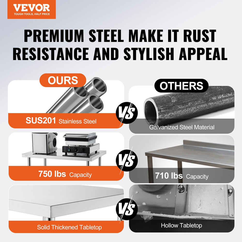 VEVOR Stainless Steel Work Table 24 x 36 x 38 Inch, with 4 Wheels, 3 Adjustable Height Levels, Heavy Duty Food Prep Worktable for Commercial Kitchen Restaurant, Silver