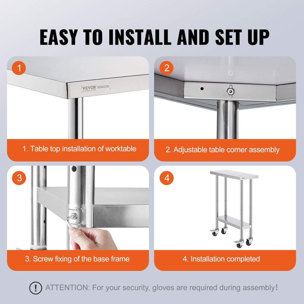 VEVOR Stainless Steel Work Table 30 x 12 x 38 Inch, with 4 Wheels, 3 Adjustable Height Levels, Heavy Duty Food Prep Worktable for Commercial Kitchen Restaurant, Silver