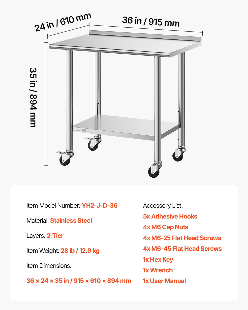 VEVOR Stainless Steel Work Table, 24x36 inch Food Prep Table with Wheels and Backsplash, Commercial Kitchen Workstation with Adjustable Undershelf, Metal Utility Worktable, for Restaurant Home Outdoor
