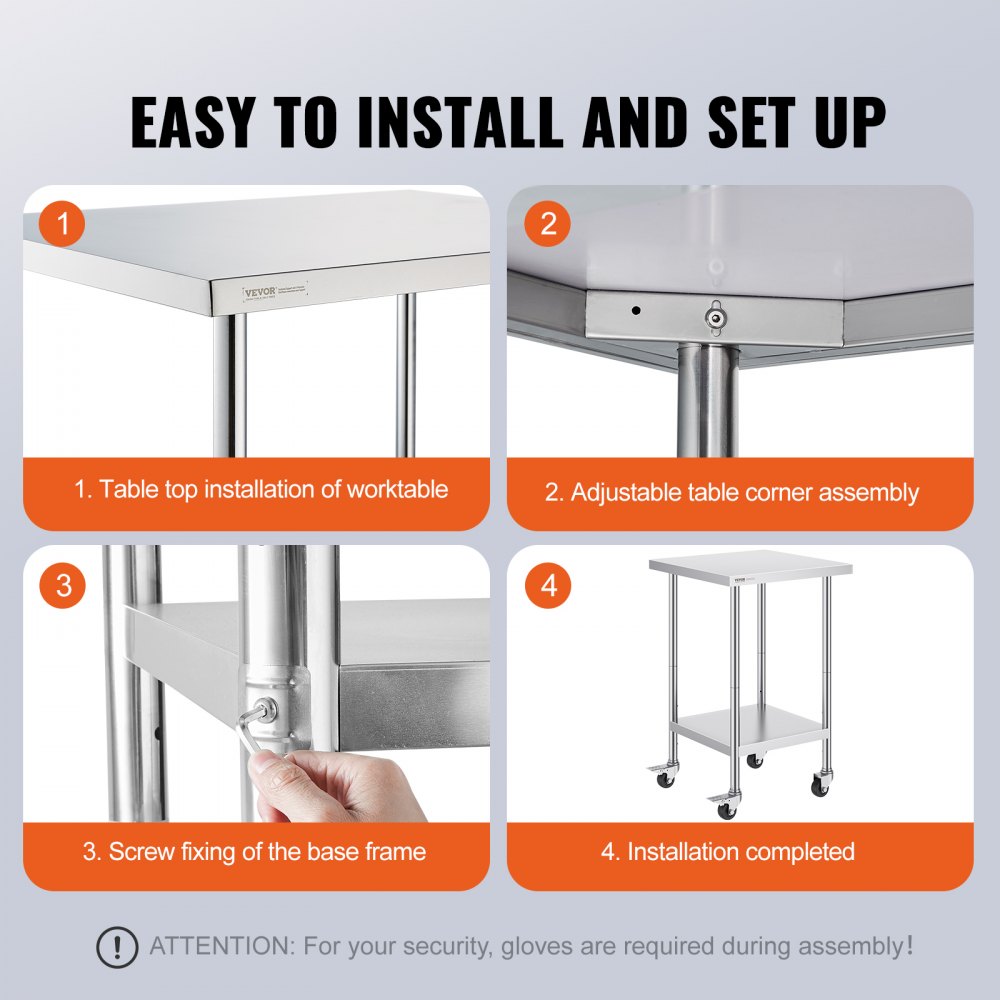 VEVOR Stainless Steel Work Table 24 x 24 x 38 Inch, 700 LBS Load Capacity with 4 Wheels, 3 Adjustable Height Levels, Heavy Duty Food Prep Worktable for Commercial Kitchen Restaurant, Silver