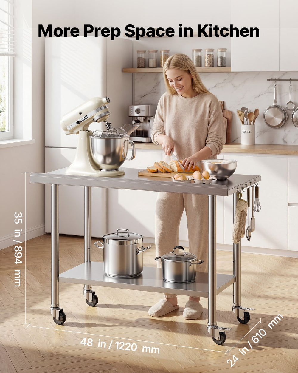 VEVOR Stainless Steel Work Table, 24x48 inch Food Prep Table with Wheels, Commercial Kitchen Workstation with Adjustable Undershelf, Metal Heavy Duty Utility Worktable, for Restaurant Home Outdoor