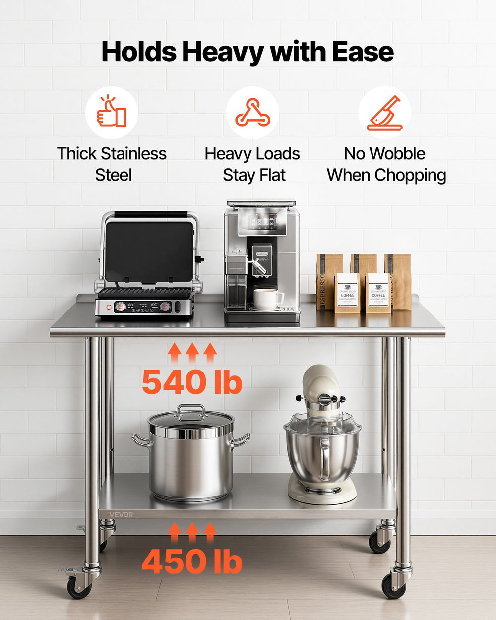 VEVOR Stainless Steel Work Table, 24x48 inch Food Prep Table with Wheels, Commercial Kitchen Workstation with Adjustable Undershelf, Metal Heavy Duty Utility Worktable, for Restaurant Home Outdoor