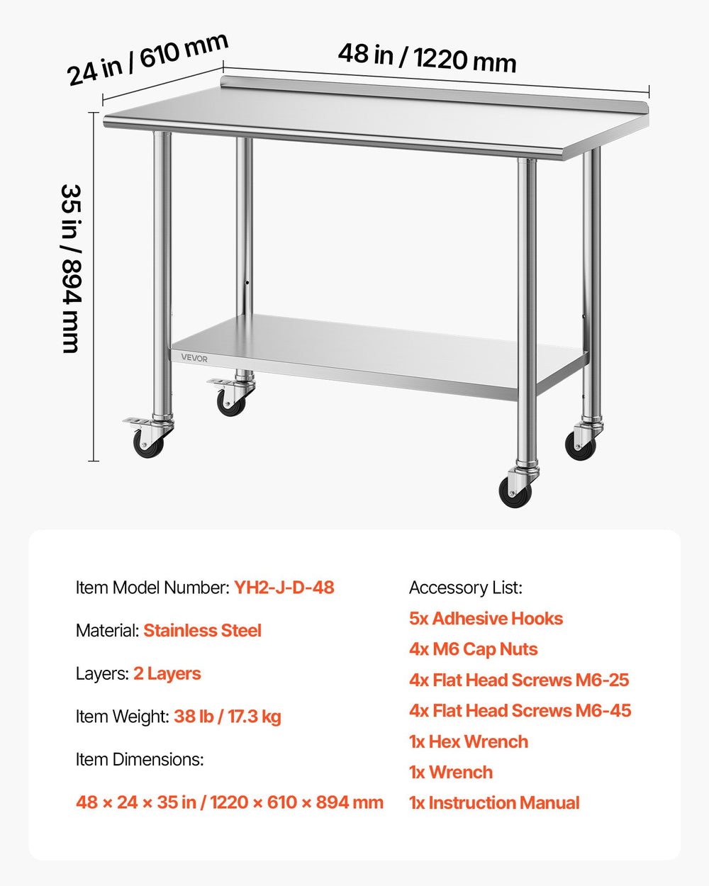 VEVOR Stainless Steel Work Table, 24x48 inch Food Prep Table with Wheels, Commercial Kitchen Workstation with Adjustable Undershelf, Metal Heavy Duty Utility Worktable, for Restaurant Home Outdoor