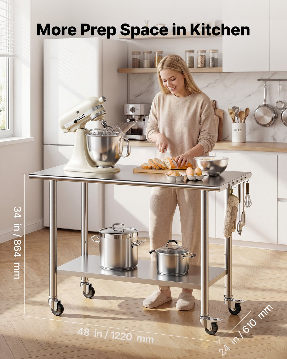 VEVOR Stainless Steel Work Table, 24x48 inch Food Prep Table with Wheels, Commercial Kitchen Workstation with Adjustable Undershelf, Metal Utility Worktable, for Restaurant Home Outdoor