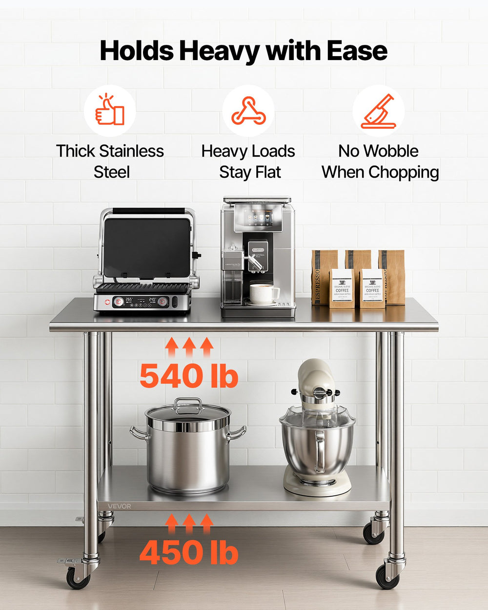 VEVOR Stainless Steel Work Table, 24x48 inch Food Prep Table with Wheels, Commercial Kitchen Workstation with Adjustable Undershelf, Metal Utility Worktable, for Restaurant Home Outdoor