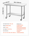 VEVOR Stainless Steel Work Table, 24x48 inch Food Prep Table with Wheels, Commercial Kitchen Workstation with Adjustable Undershelf, Metal Utility Worktable, for Restaurant Home Outdoor