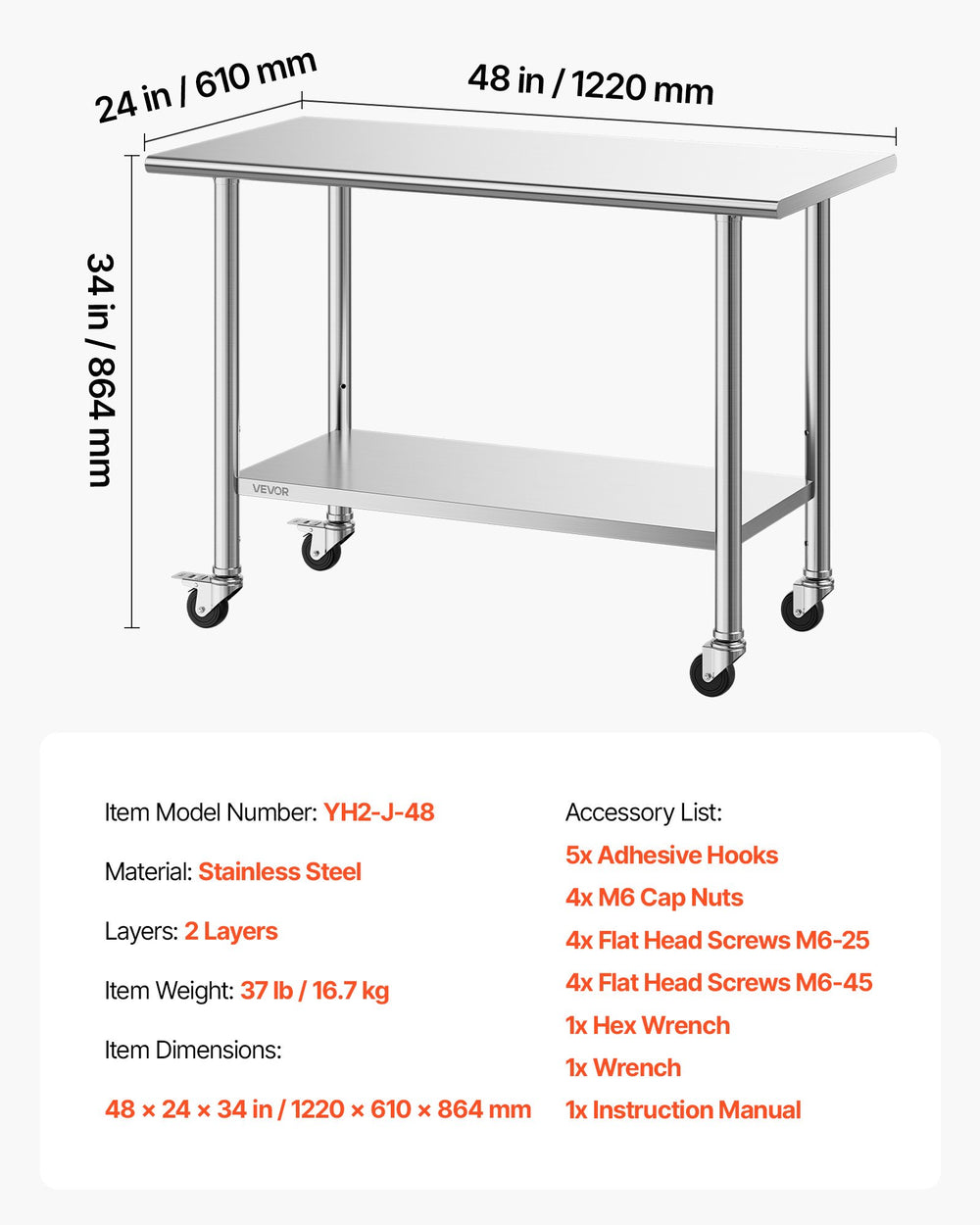 VEVOR Stainless Steel Work Table, 24x48 inch Food Prep Table with Wheels, Commercial Kitchen Workstation with Adjustable Undershelf, Metal Utility Worktable, for Restaurant Home Outdoor