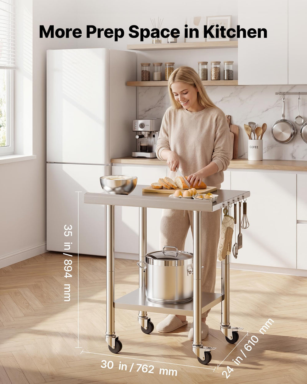 VEVOR Stainless Steel Work Table, 24x30 inch Food Prep Table with Wheels and Backsplash, Commercial Kitchen Workstation with Adjustable Undershelf, Metal Utility Worktable, for Restaurant Home Outdoor