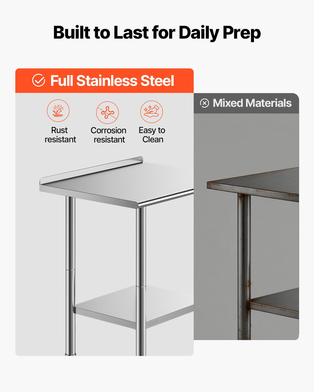 VEVOR Stainless Steel Work Table, 24x30 Inch Food Prep Table with Backsplash, Commercial Kitchen Workstation with Adjustable Undershelf, Metal Heavy Duty Utility Worktable, for Restaurant Home Outdoor