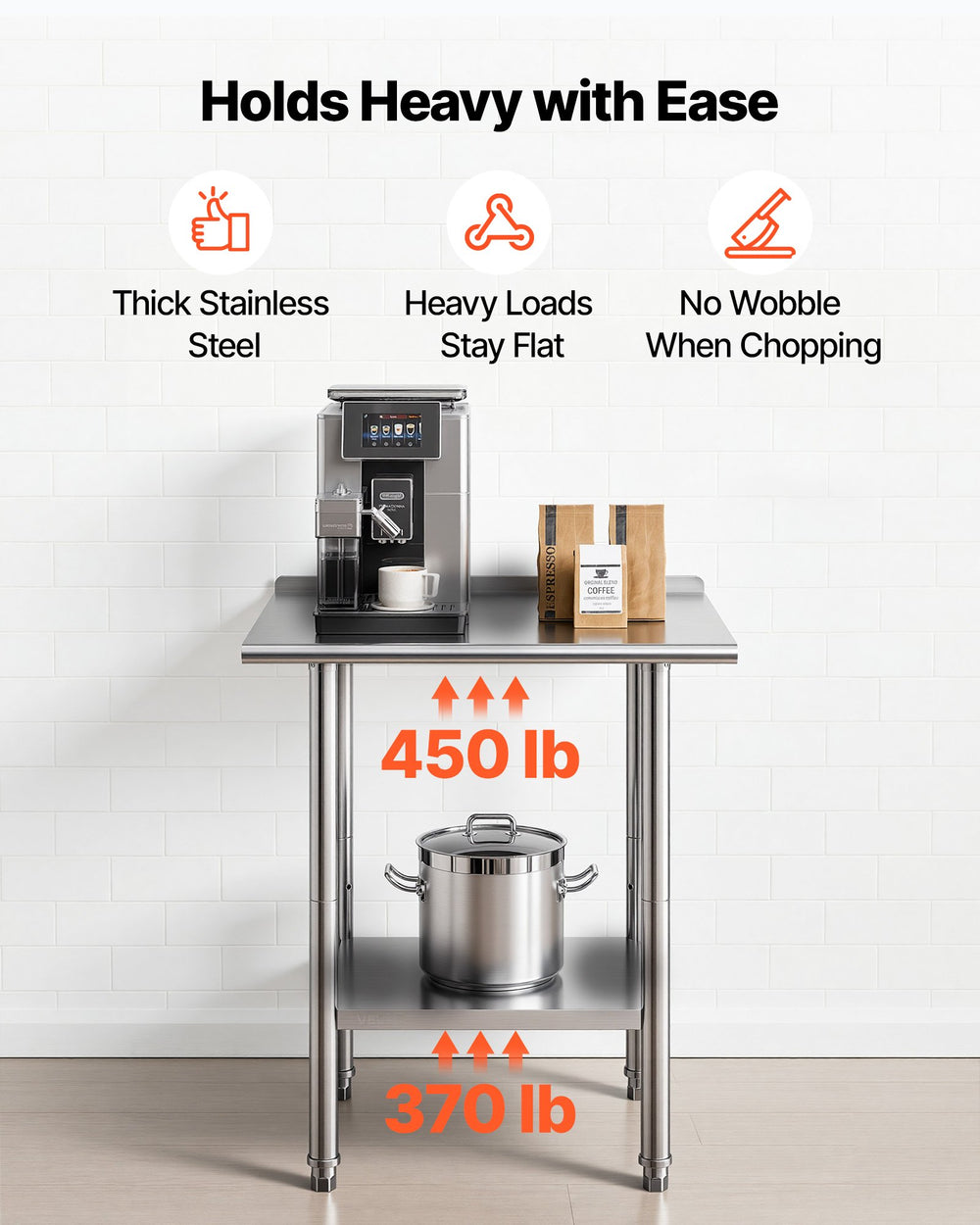 VEVOR Stainless Steel Work Table, 24x30 Inch Food Prep Table with Backsplash, Commercial Kitchen Workstation with Adjustable Undershelf, Metal Heavy Duty Utility Worktable, for Restaurant Home Outdoor