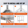 easy to install setup for VEVOR stainless steel prep table with step-by-step assembly instructions.