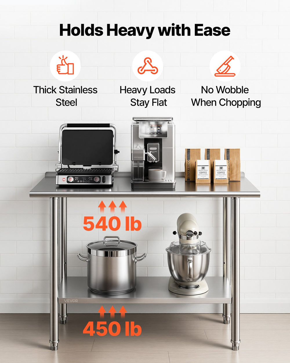 VEVOR Stainless Steel Work Table, 24x48 Inch Food Prep Table with Backsplash, Commercial Kitchen Workstation with Adjustable Undershelf, Metal Heavy Duty Utility Worktable, for Restaurant Home Outdoor