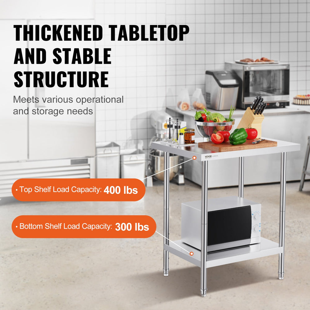 VEVOR Stainless Steel Prep Table, 24 x 30 x 34 Inch, 700 lbs Load Capacity, Heavy Duty Metal Worktable with 3 Adjustable Height Levels, Commercial Workstation for Kitchen Garage Restaurant Backyard
