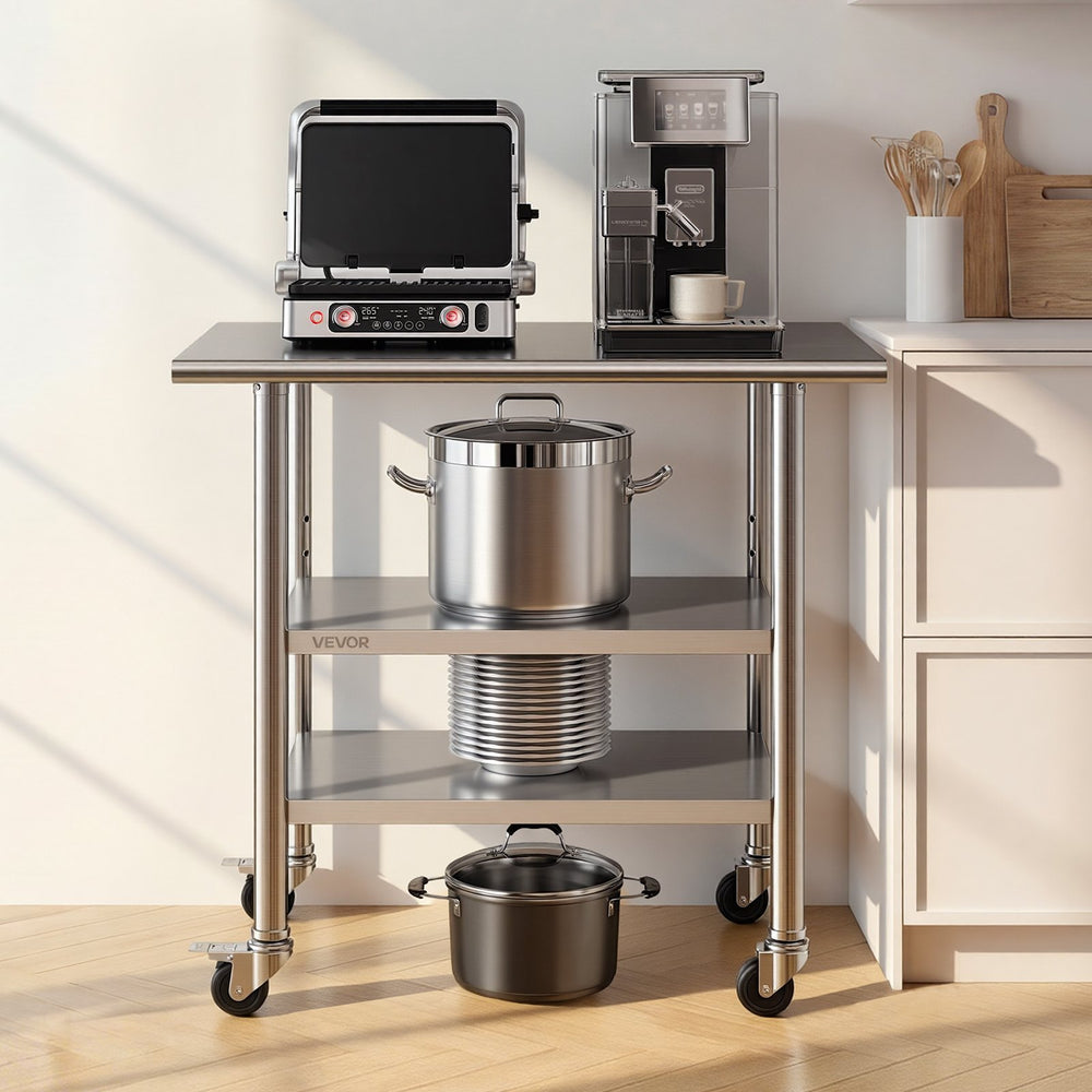 VEVOR Stainless Steel Work Table, 24x36 Inch Food Prep Table with 2 Shelves and Wheels, Commercial Kitchen Workstation, Metal Heavy Duty Utility Worktable, for Restaurant Home Hotel Garage Outdoor