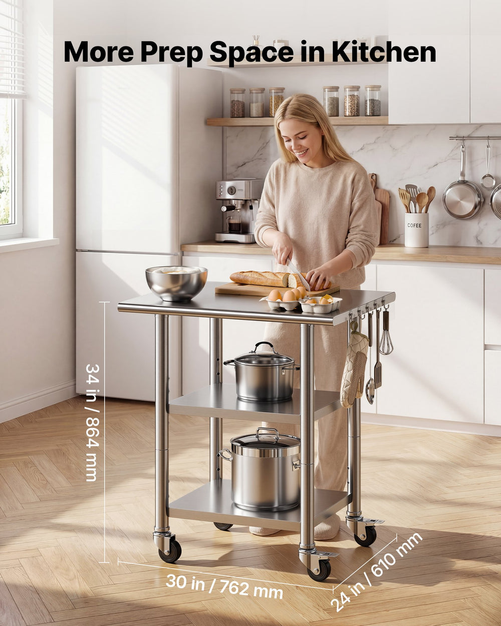 VEVOR Stainless Steel Work Table, 24x30 Inch Food Prep Table with 2 Shelves and Wheels, Commercial Kitchen Workstation, Metal Heavy Duty Utility Worktable, for Restaurant Home Hotel Garage Outdoor