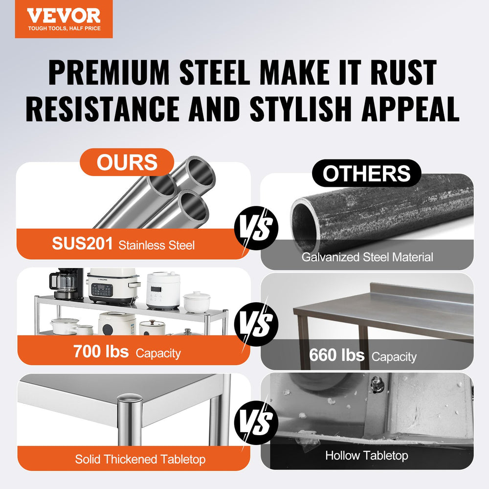 VEVOR Double Overshelf, Double Tier Stainless Steel Overshelf, 12 x 72 Inch Double Deck Overshelf, Height Adjustable Overshelf Prep Work Table for Kitchen, Restaurant and Workshop