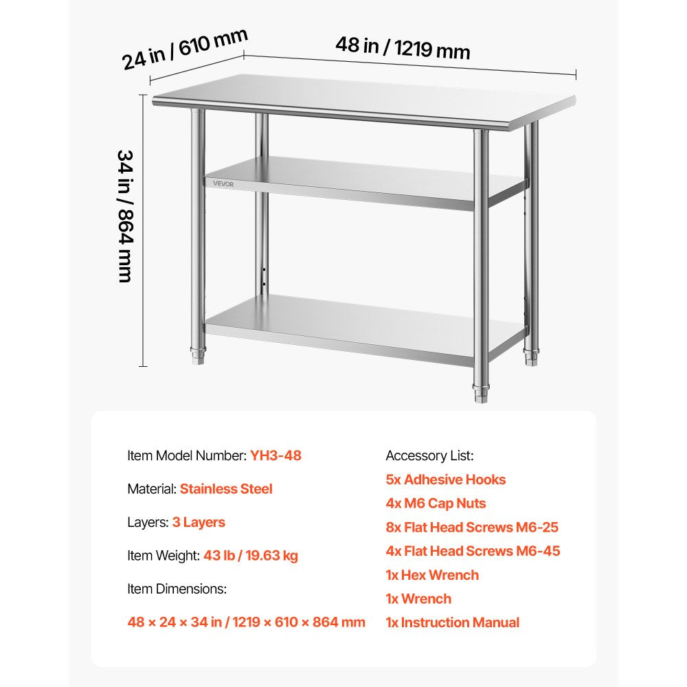 VEVOR Stainless Steel Work Table, 24x48 Inch Food Prep Table with 2 Shelves, Commercial Kitchen Workstation, Metal Heavy Duty Utility Worktable, for Restaurant Home Hotel Garage Outdoor