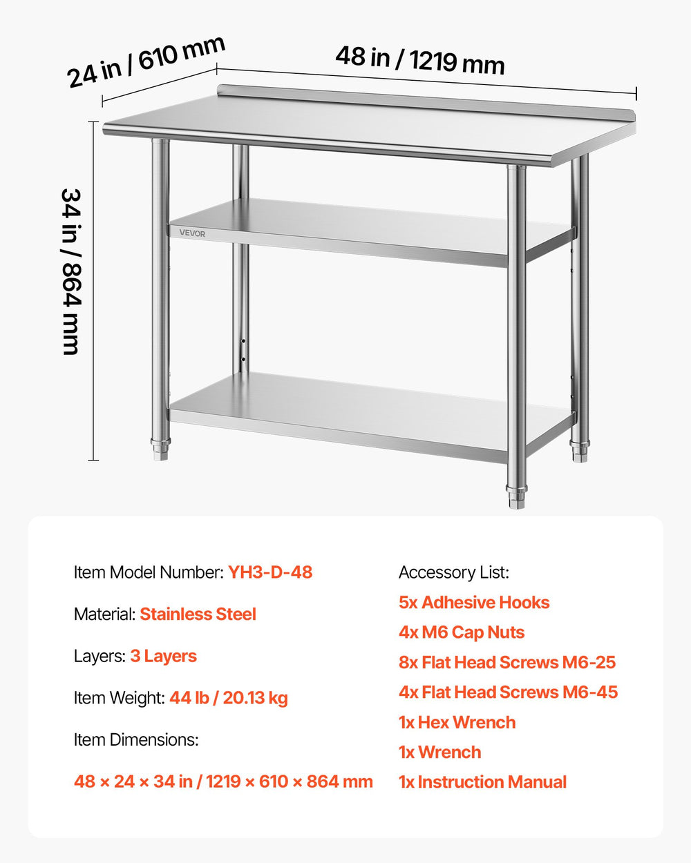 VEVOR Stainless Steel Work Table, 24x48 Inch Food Prep Table with 2 Shelves and Backsplash, Commercial Kitchen Workstation, Metal Heavy Duty Utility Worktable, for Restaurant Home Hotel Garage Outdoor