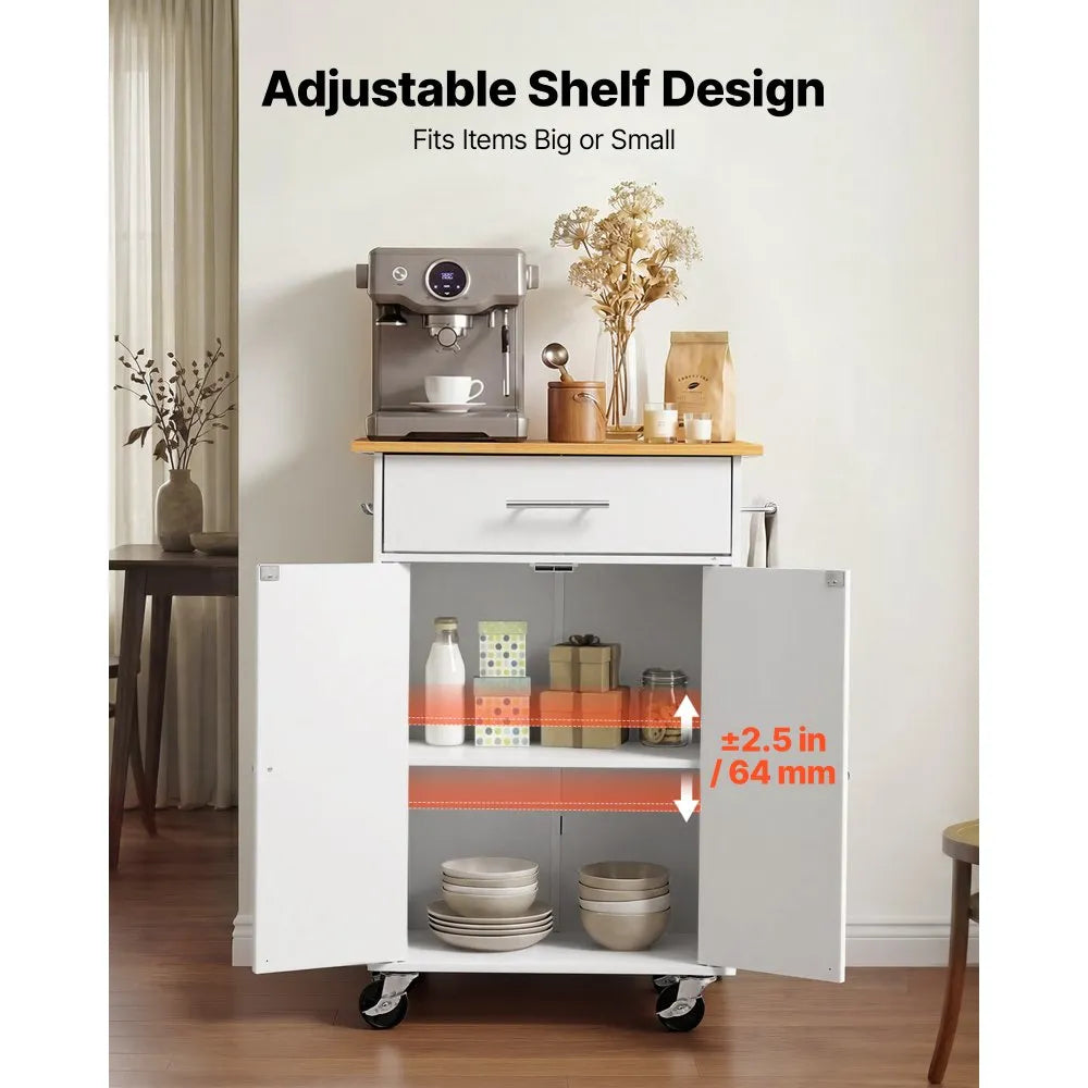 VEVOR Kitchen Island Cart with Storage, 24.84 in Wide Mobile Rolling Storage Island on Swivel Wheels, with Drawer, Storage Cabinet, Towel Rack, Hooks, Table for Home Dining Room, White