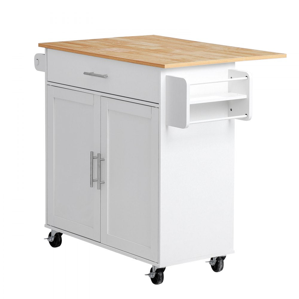 VEVOR Kitchen Island Cart with Storage, 42.28 in Wide Mobile Rolling Storage Island on Swivel Wheels, with Drawer, Storage Cabinet, Drop Leaf, Spice Rack, Table for Home Dining Room, White