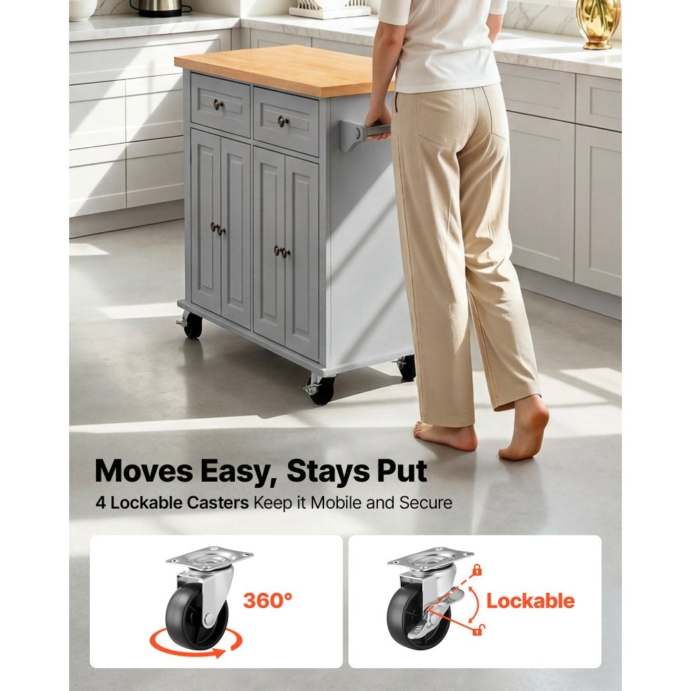 VEVOR Kitchen Island Cart with Storage, 43.7 in Wide Mobile Rolling Storage Island on Swivel Wheels, with 2 Drawers, Storage Cabinet, Spice/Towel Rack, Hooks, Table for Home Dining Room, Gray