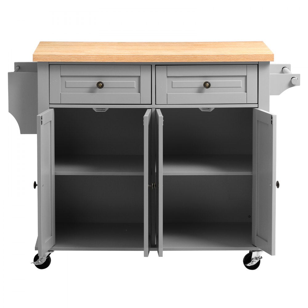 VEVOR Kitchen Island Cart with Storage, 43.7 in Wide Mobile Rolling Storage Island on Swivel Wheels, with 2 Drawers, Storage Cabinet, Spice/Towel Rack, Hooks, Table for Home Dining Room, Gray