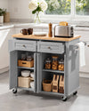 VEVOR Kitchen Island Cart with Storage, 43.7 in Wide Mobile Rolling Storage Island on Swivel Wheels, with 2 Drawers, Storage Cabinet, Spice/Towel Rack, Hooks, Table for Home Dining Room, Gray