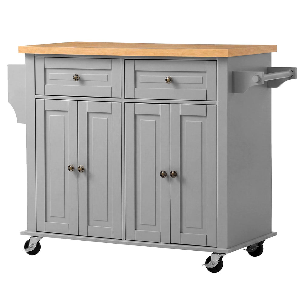 VEVOR Kitchen Island Cart with Storage, 43.7 in Wide Mobile Rolling Storage Island on Swivel Wheels, with 2 Drawers, Storage Cabinet, Spice/Towel Rack, Hooks, Table for Home Dining Room, Gray
