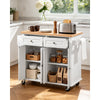 VEVOR Kitchen Island Cart with Storage, 43.7 in Wide Mobile Rolling Storage Island on Swivel Wheels, with 2 Drawers, Storage Cabinet, Spice/Towel Rack, Hooks, Table for Home Dining Room, White