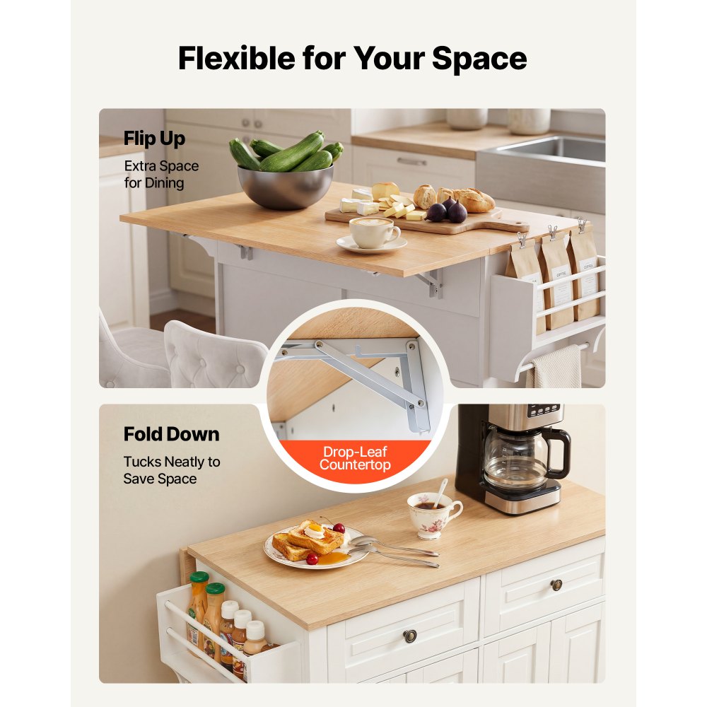 VEVOR Kitchen Island Cart with Storage, 43.58 in Wide Mobile Rolling Storage Island on Swivel Wheels, with 2 Drawers, Storage Cabinet, Drop Leaf, Spice/Towel Rack, Table for Home Dining Room, White