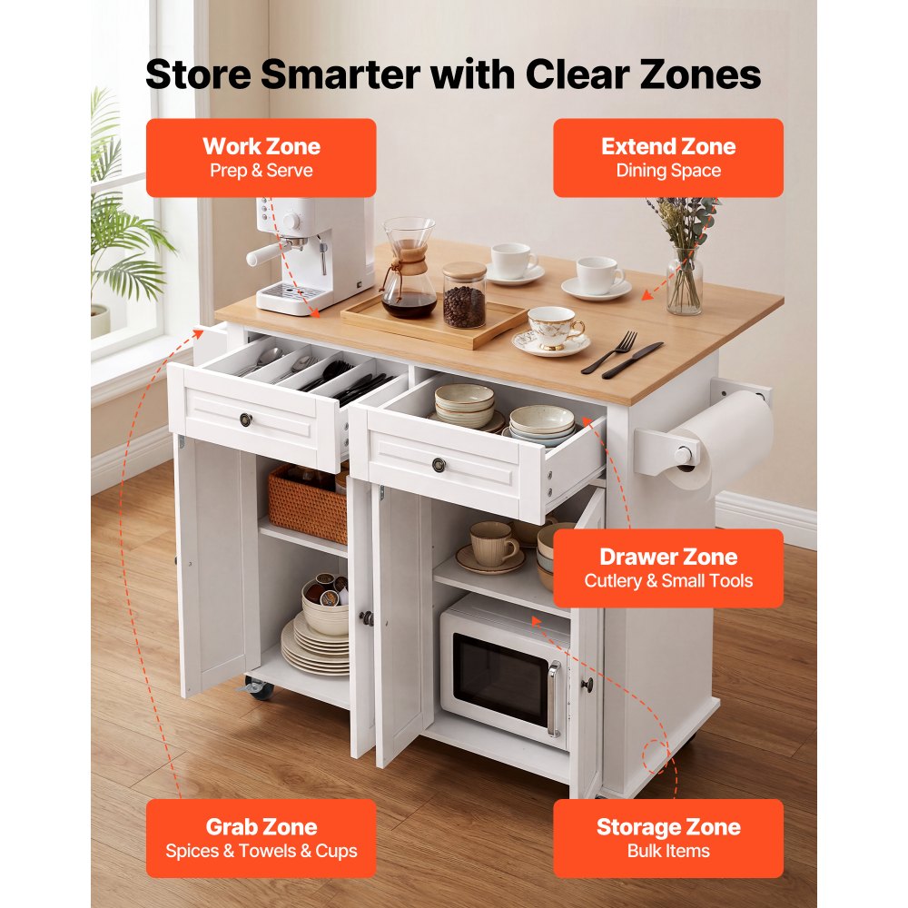 VEVOR Kitchen Island Cart with Storage, 43.58 in Wide Mobile Rolling Storage Island on Swivel Wheels, with 2 Drawers, Storage Cabinet, Drop Leaf, Spice/Towel Rack, Table for Home Dining Room, White