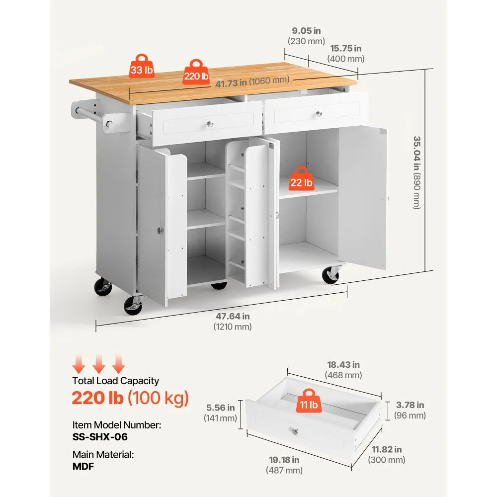 VEVOR Kitchen Island Cart with Storage, 47.64 in Wide Mobile Rolling Storage Island on Swivel Wheels, with 2 Drawers, Storage Cabinet, Drop Leaf, Towel Rack, Table for Home Dining Room, White