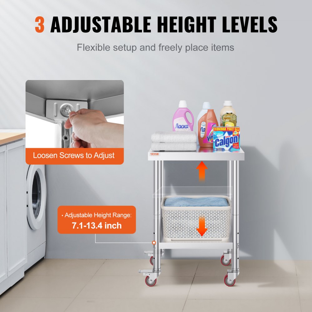 VEVOR Stainless Steel Work Table 24 x 18 x 34 Inch, 700 LBS Load Capacity with 4 Wheels, 3 Adjustable Height Levels, Heavy Duty Food Prep Worktable for Commercial Kitchen Restaurant, Silver