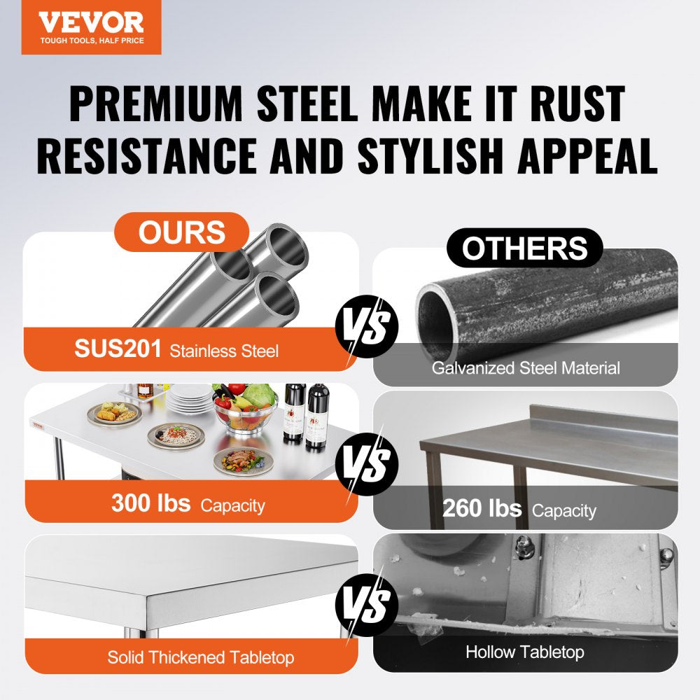 VEVOR Folding Commercial Prep Table, 48 x 24 Inch Commercial Worktable Workstation, Heavy-duty Stainless Steel Folding Table with 300 lbs Load, Kitchen Work Table, for Home Kitchen Restaurant Garage