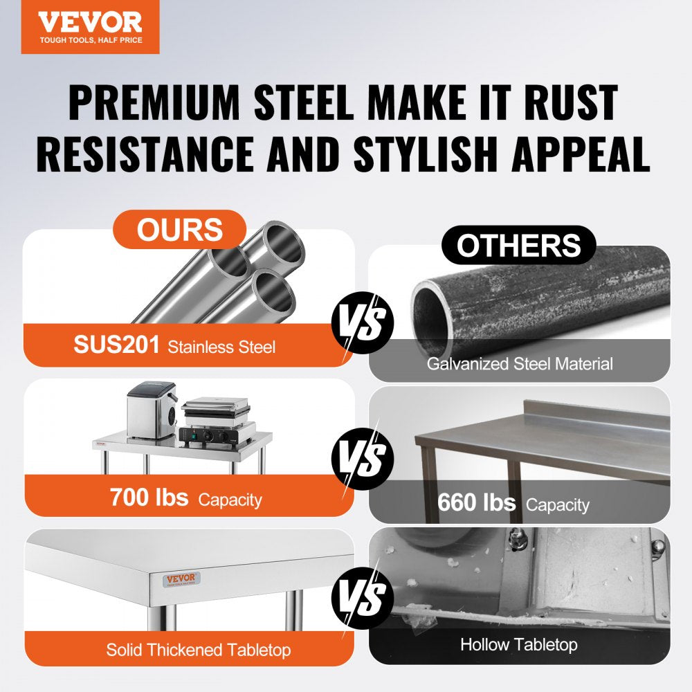 VEVOR Stainless Steel Work Table 30 x 12 x 34 Inch, 700 LBS Load Capacity with 4 Wheels, 3 Adjustable Height Levels, Heavy Duty Food Prep Worktable for Commercial Kitchen Restaurant, Silver