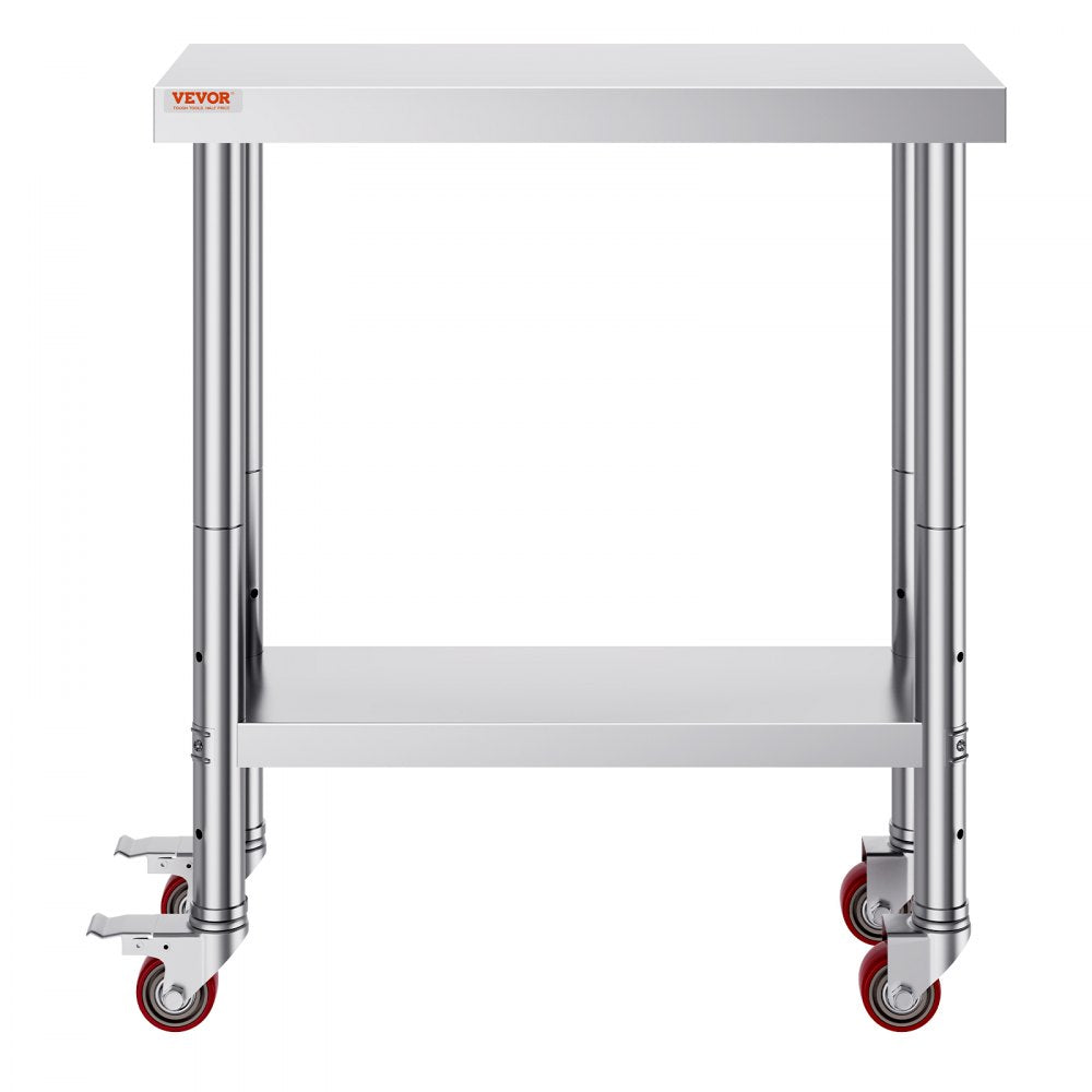 VEVOR Stainless Steel Work Table 30 x 12 x 34 Inch, 700 LBS Load Capacity with 4 Wheels, 3 Adjustable Height Levels, Heavy Duty Food Prep Worktable for Commercial Kitchen Restaurant, Silver