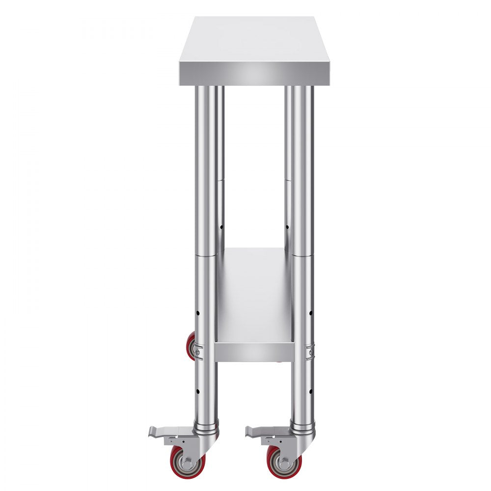 VEVOR Stainless Steel Work Table 30 x 12 x 34 Inch, 700 LBS Load Capacity with 4 Wheels, 3 Adjustable Height Levels, Heavy Duty Food Prep Worktable for Commercial Kitchen Restaurant, Silver