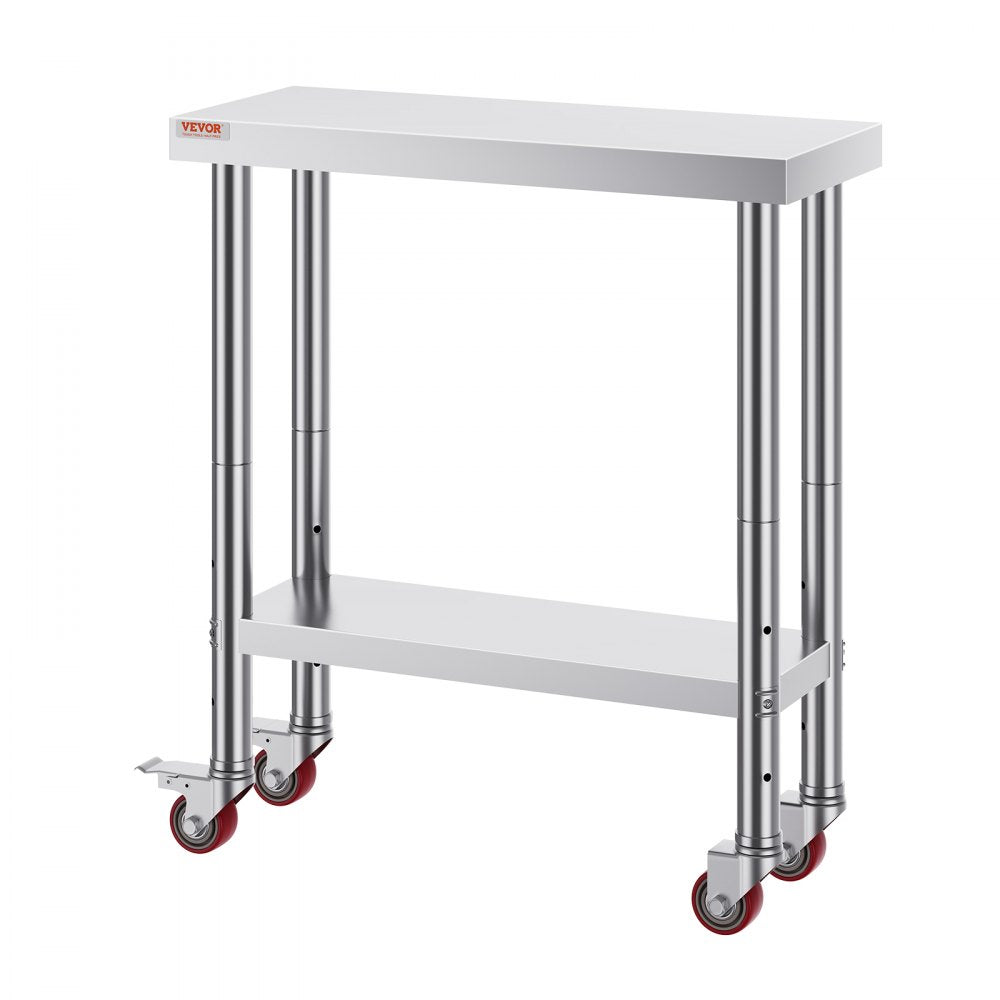 VEVOR Stainless Steel Work Table 30 x 12 x 34 Inch, 700 LBS Load Capacity with 4 Wheels, 3 Adjustable Height Levels, Heavy Duty Food Prep Worktable for Commercial Kitchen Restaurant, Silver