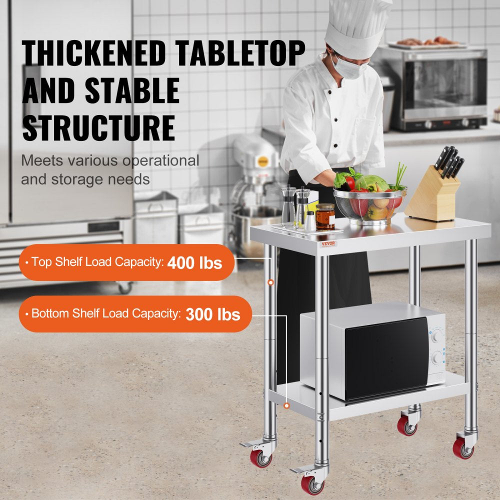 VEVOR Stainless Steel Work Table 30 x 18 x 34 Inch, 700 LBS Load Capacity with 4 Wheels, 3 Adjustable Height Levels, Heavy Duty Food Prep Worktable for Commercial Kitchen Restaurant, Silver