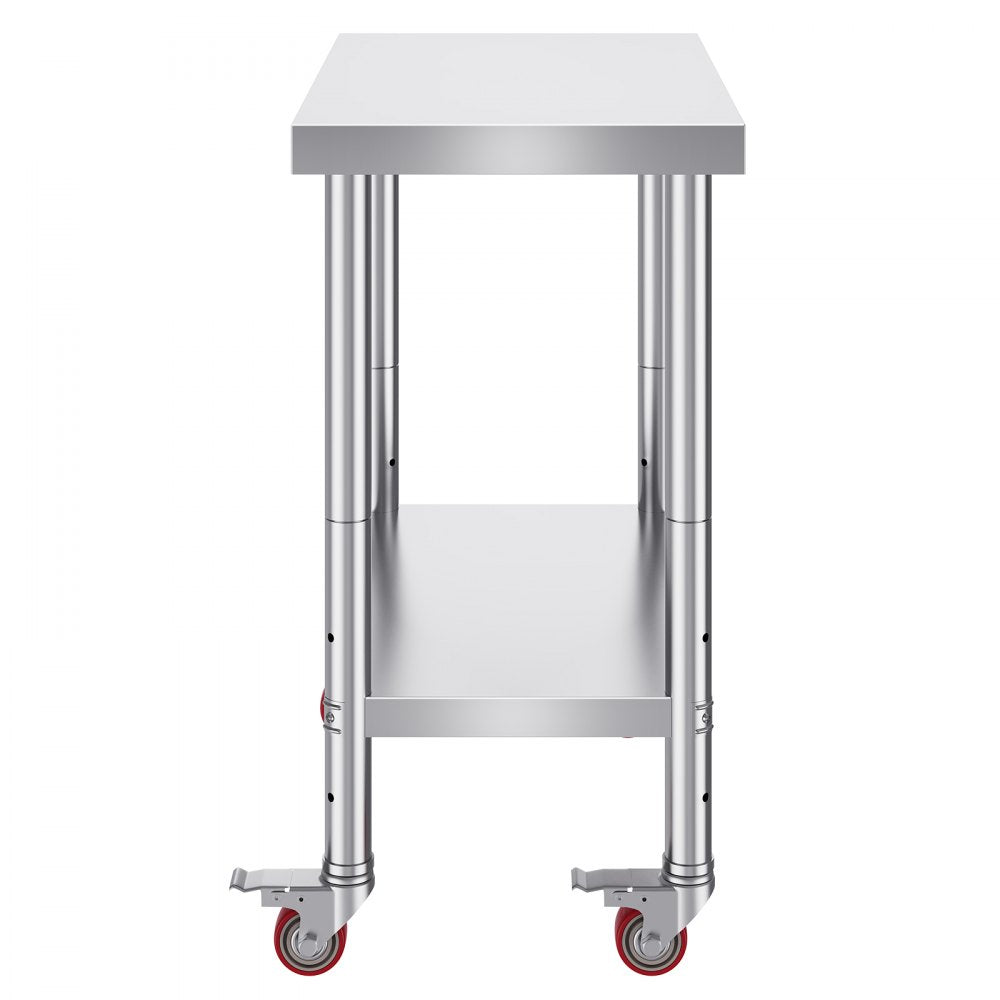 VEVOR Stainless Steel Work Table 30 x 18 x 34 Inch, 700 LBS Load Capacity with 4 Wheels, 3 Adjustable Height Levels, Heavy Duty Food Prep Worktable for Commercial Kitchen Restaurant, Silver