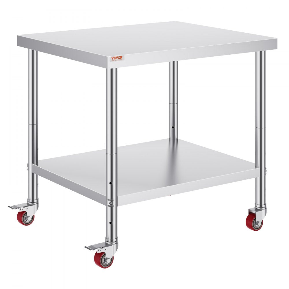 VEVOR Stainless Steel Work Table 36 x 30 x 34 Inch, 700 LBS Load Capacity with 4 Wheels, 3 Adjustable Height Levels, Heavy Duty Food Prep Worktable for Commercial Kitchen Restaurant, Silver