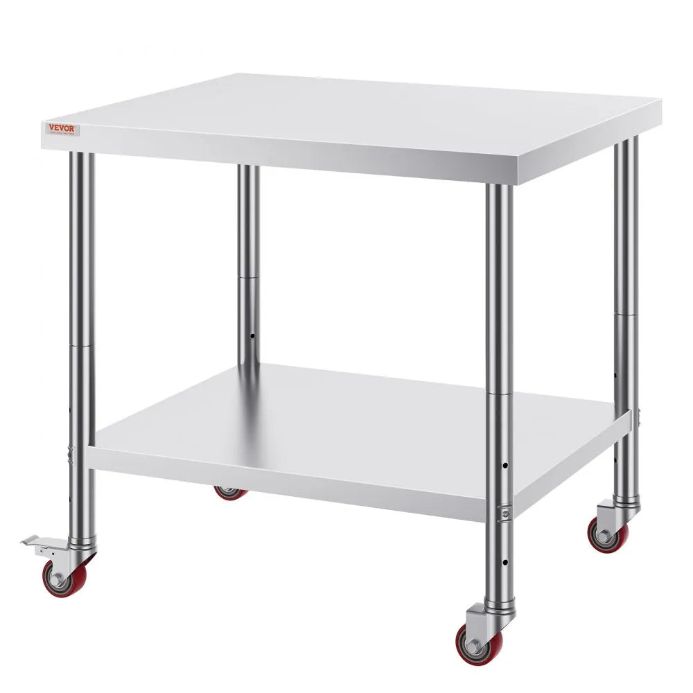 VEVOR Stainless Steel Work Table 36 x 30 x 34 Inch, 700 LBS Load Capacity with 4 Wheels, 3 Adjustable Height Levels, Heavy Duty Food Prep Worktable for Commercial Kitchen Restaurant, Silver
