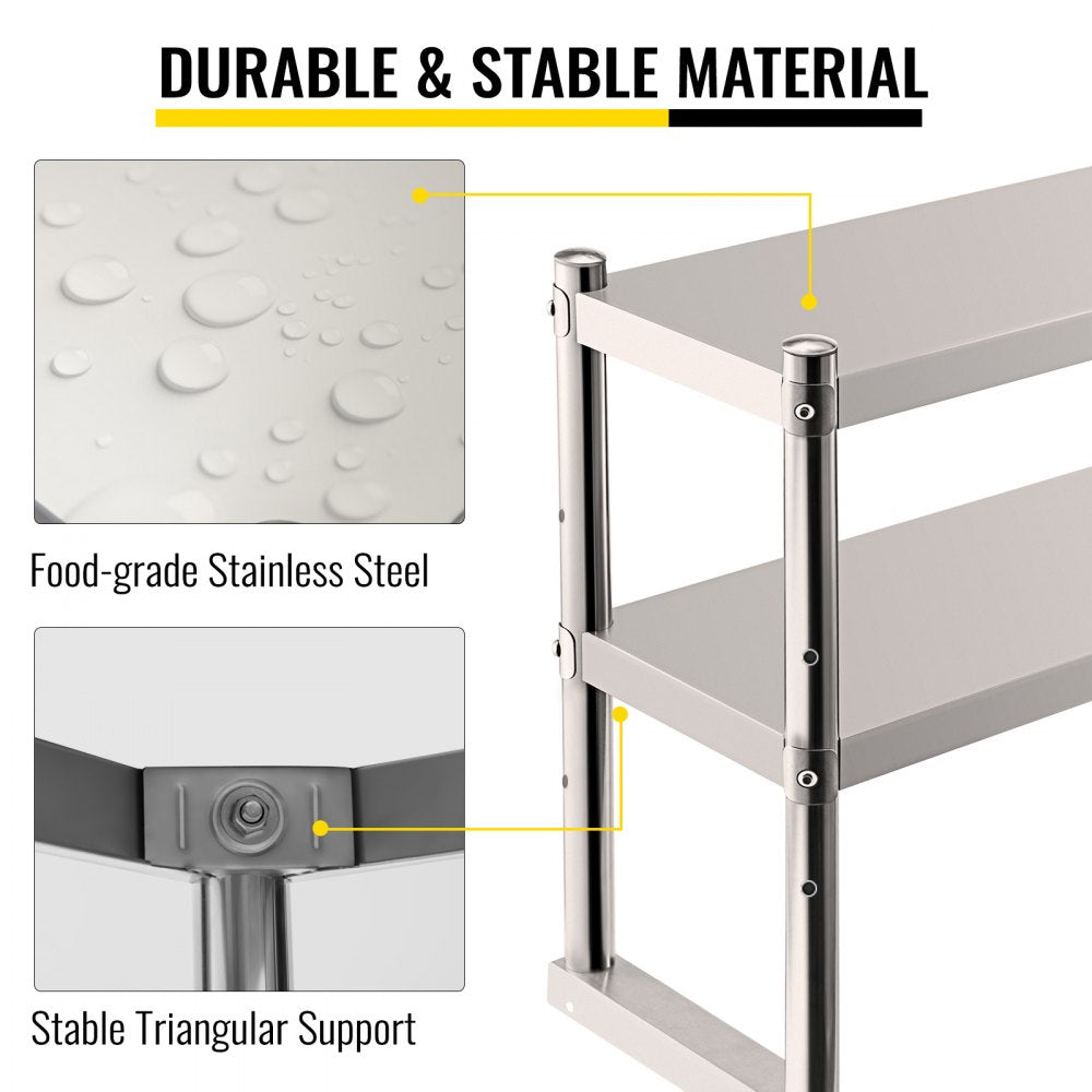 VEVOR Double Overshelf, Double Tier Stainless Steel Overshelf, 60 in. Length x 12 in. Width Double Deck Overshelf, Height Adjustable Overshelf for Prep & Work Table in Kitchen, Restaurant and Workshop