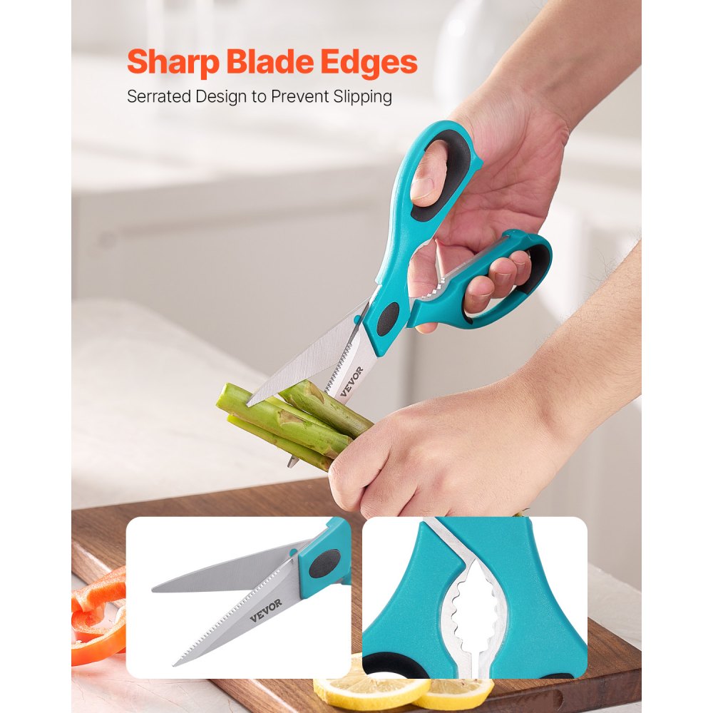 VEVOR Kitchen Scissors, 2 Pack Durable Stainless Steel Kitchen Shears with Sheaths, Heavy Duty Cooking Shears with Soft Grip Comfort Handle, Kitchen Utensil for Cutting Meat, Fish, Poultry, Cyan+Grey