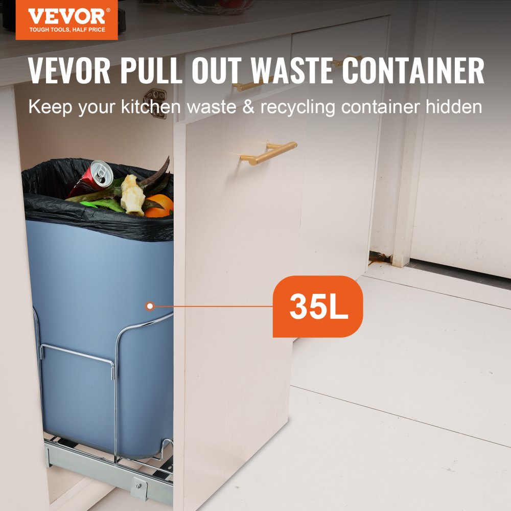 VEVOR Pull-Out Trash Can, 35L Single Bin, Under Mount Kitchen Waste Container with Slide, Handle and Door Mounting Kit, 110 lbs Load Capacity Heavy Duty Garbage Recycling Bin for Kitchen Cabinet, Sink